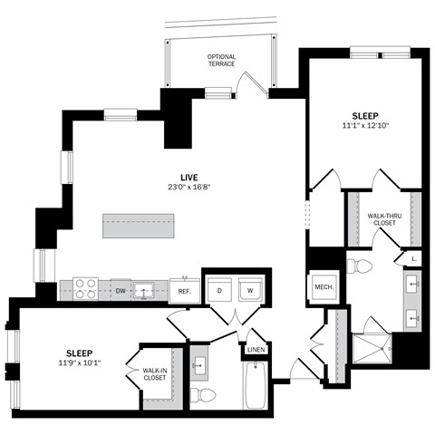 Floor plan for 2 beds, 2 baths, 1210 sqft